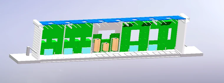 Side view of the heavy-duty truck wash tunnel with roller brushes and enclosed wall panels